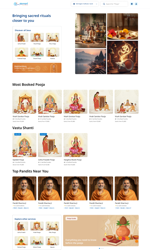 ManthanMarg website home page with sacred rituals, most booked poojas and top pandits near you