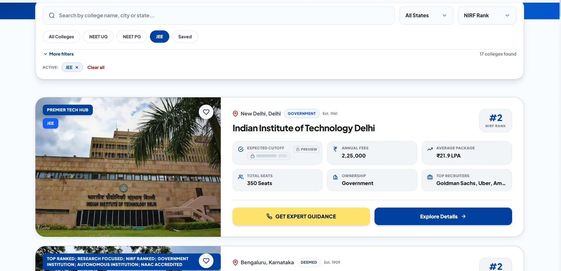 College explorer with filters for state, NIRF rank and exam, showing fees, seats and packages