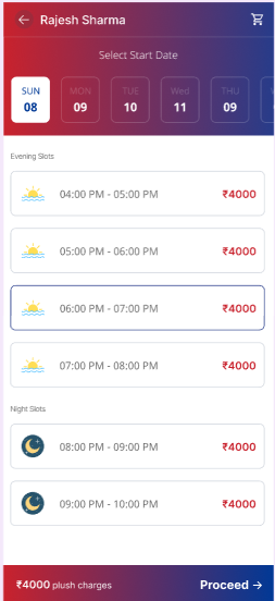 PSZ app slot picker with evening and night slots