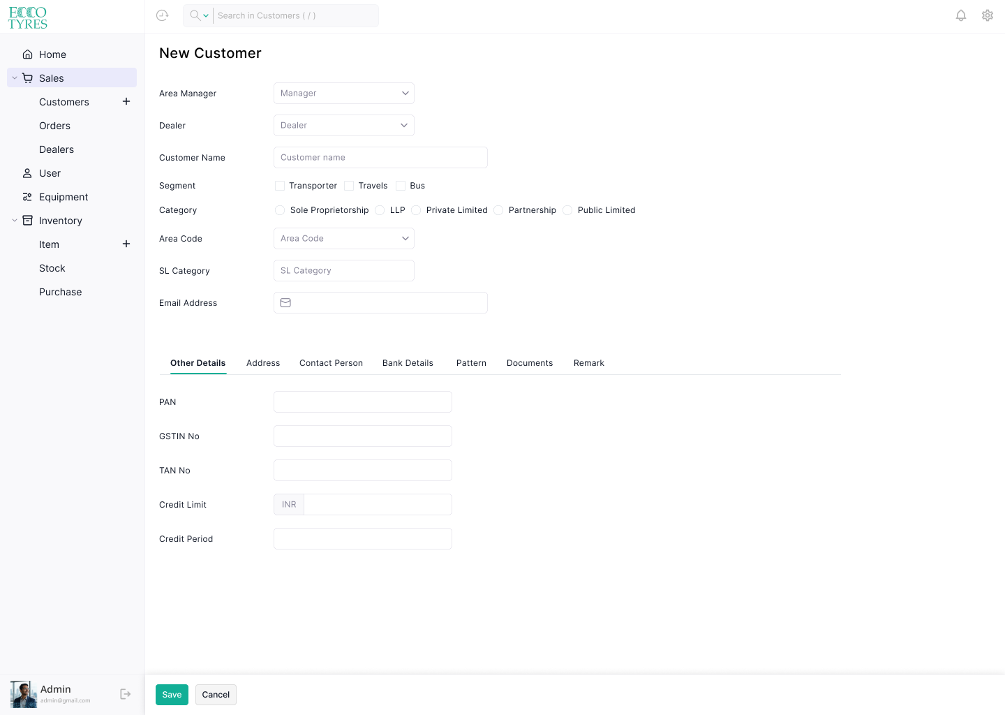 New customer form with segment, category, PAN, GSTIN and credit terms
