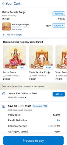 ManthanMarg cart with Griha Pravesh Pooja, samagri add on, coupons and total bill