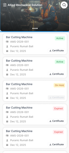 Customer app listing equipment certificates as Active, On Hold or Expired with download buttons
