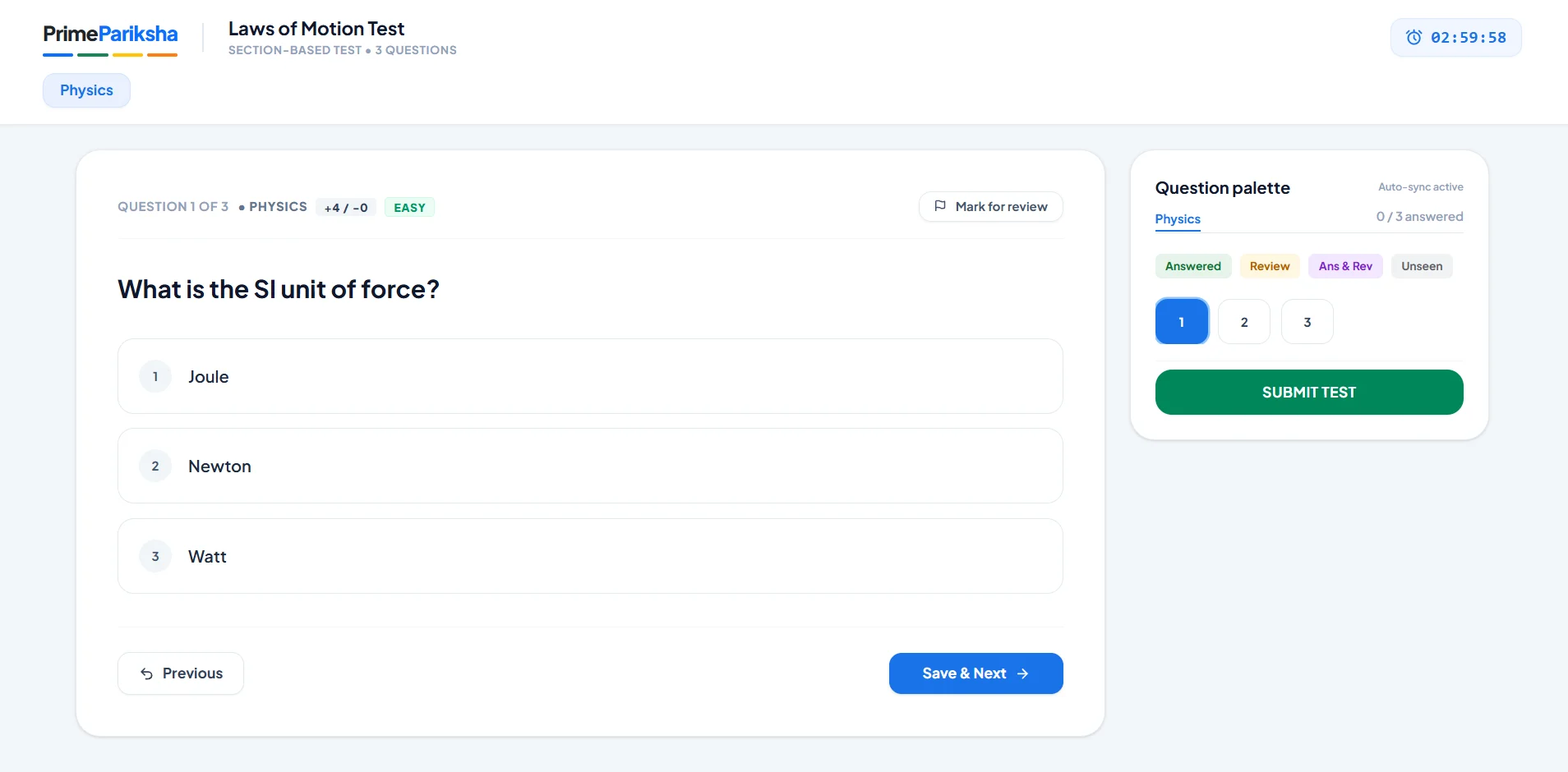 CBT test screen with question, options, timer and question palette