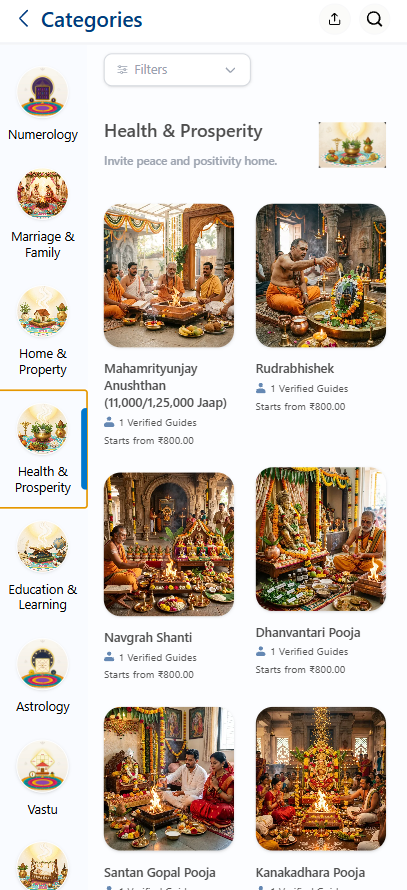 ManthanMarg app categories screen showing Health and Prosperity poojas with verified guides and prices