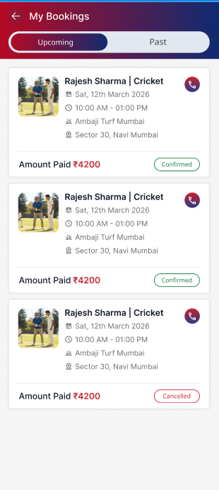 My Bookings screen with confirmed and cancelled coaching sessions