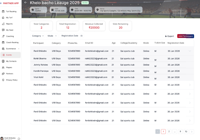 PSZ partner app event dashboard for Khelo bacho League 2025 with registrations, revenue collected and participant list
