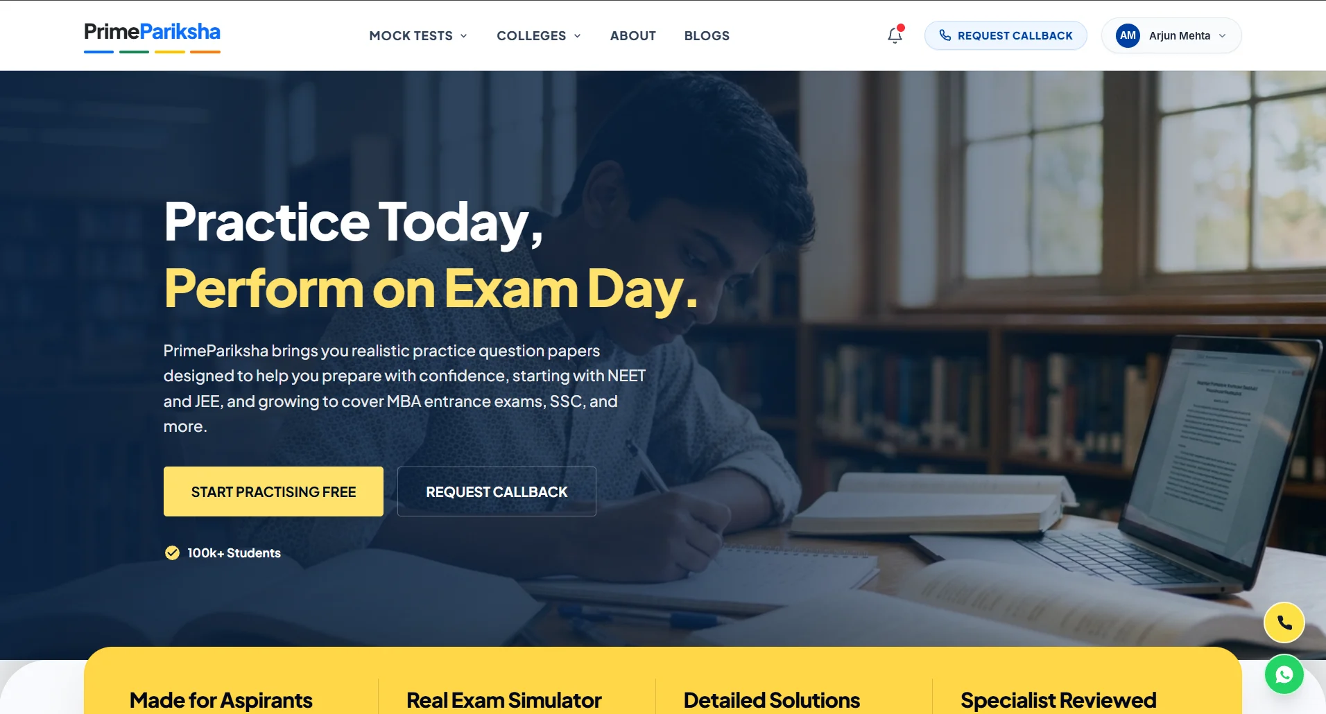 PrimePariksha exam prep website