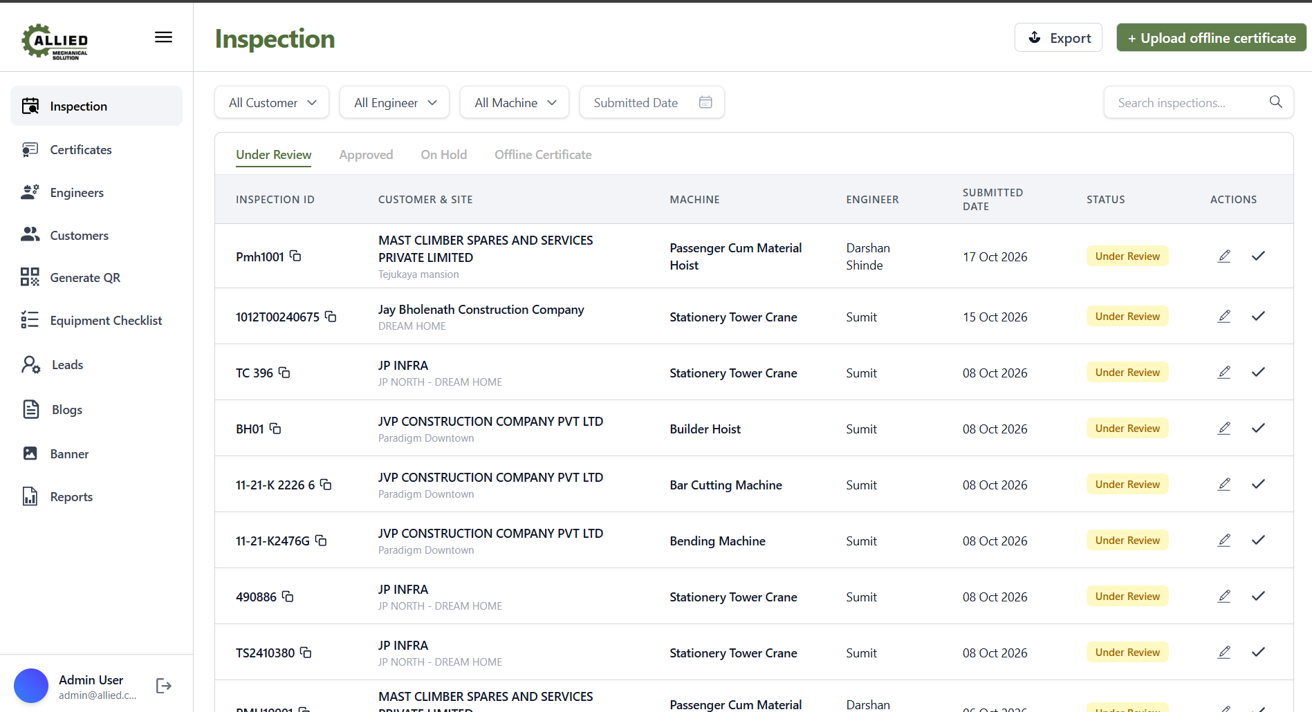 Allied inspection admin console