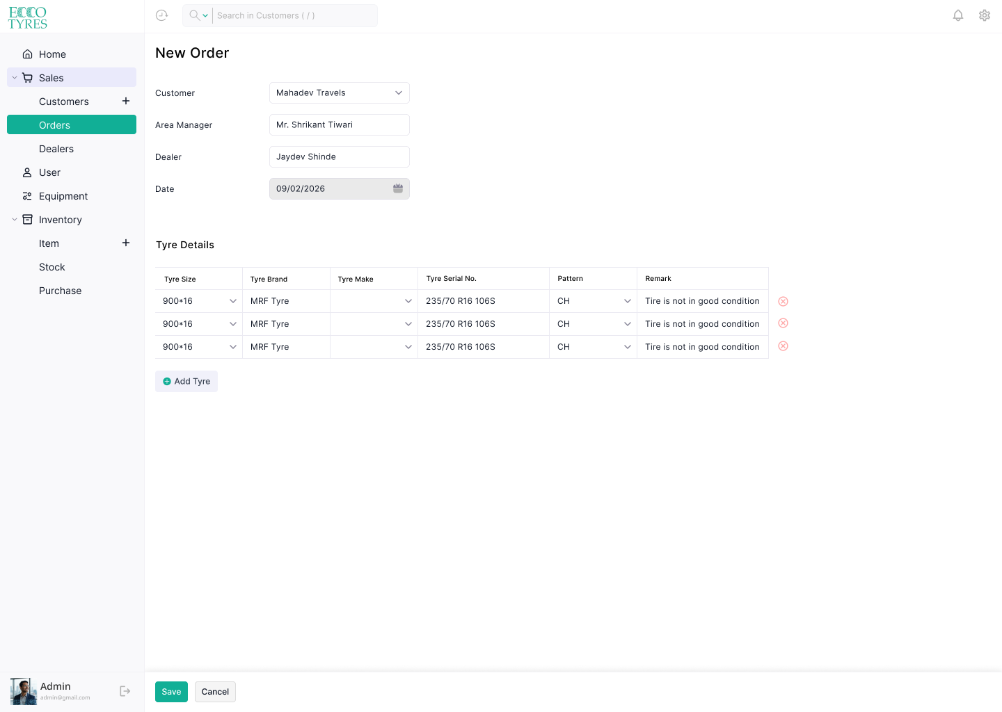 New order form with tyre details table
